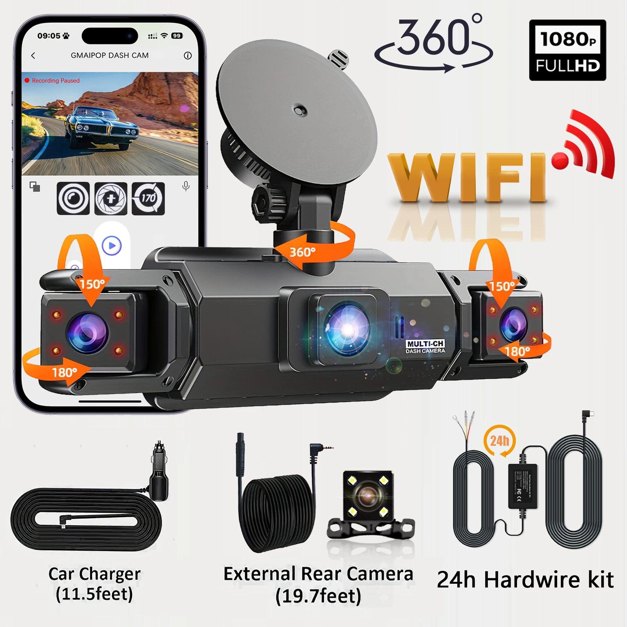 RoadWitness Dashcam - 4 Channel WiFi Camera FHD 1080P Night Vision